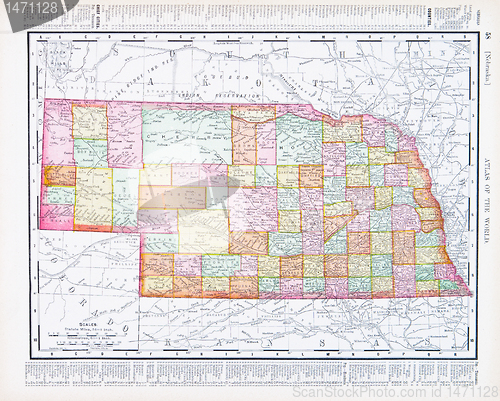 Image of Antique Vintage Color Map of Nebraska, NB USA