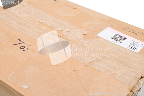 Image of Grungy Old Cardboard Box Postage Sticker Isolated