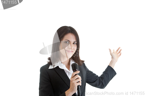 Image of Woman Holding Microphone Pointing, Isolated White