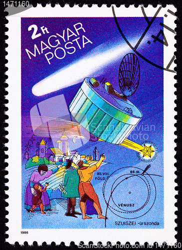 Image of Hungarian Postage Stamp Suisei Space Probe, Halley's Comet, Peop