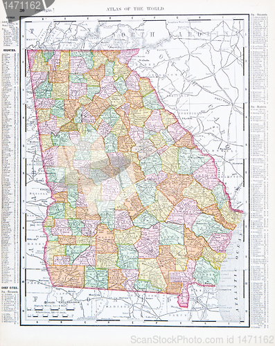 Image of Antique Color Map of Georgia, GA United States USA