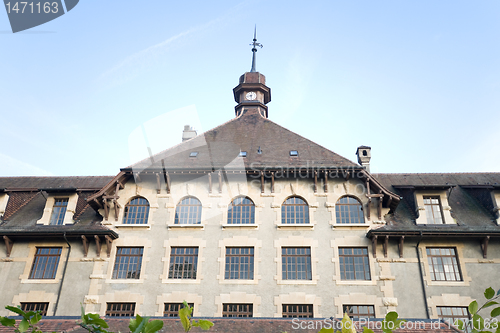 Image of Imposing Old Gothic School in Geneva Switzerland Wide Angle Lens