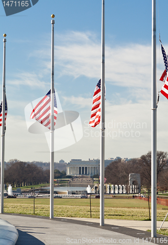 Image of American Flags Half Mast WWII Lincoln Memorial