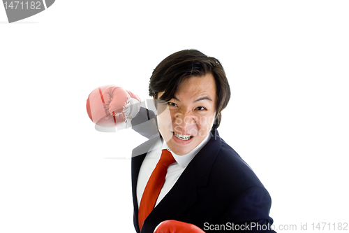 Image of Angry Asian Man Suit Boxing Glove Punching Isolated White Backgr