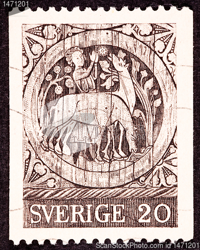 Image of Canceled Swedish Postage Stamp Carving Wooden Door St. Stephen, 