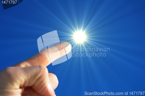 Image of hand fingers sky and sun