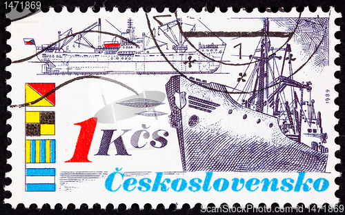 Image of Canceled Czechoslovakian Postage Stamp Vintage Freighter Bow Sid