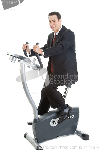 Image of Happy Caucasian Man Suit on Exercise Bike Isolated White Backgro
