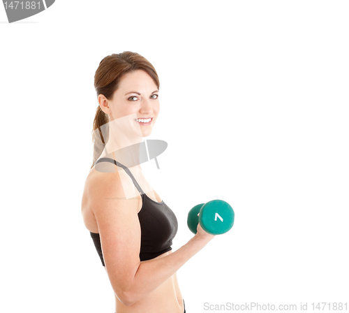 Image of Caucasian Woman Sports Bra Working Out Hand Weight, Isolated Whi