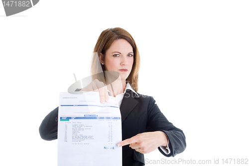 Image of Caucasian Woman Pointing at Past Due Medical Bill White Backgrou