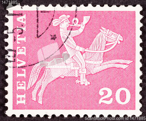 Image of Swiss Postage Stamp Horseback Mail Delivery, Rider Blowing Posta