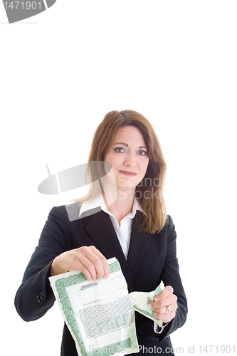 Image of Unhappy Woman Ripping Stock Certificate Isolated