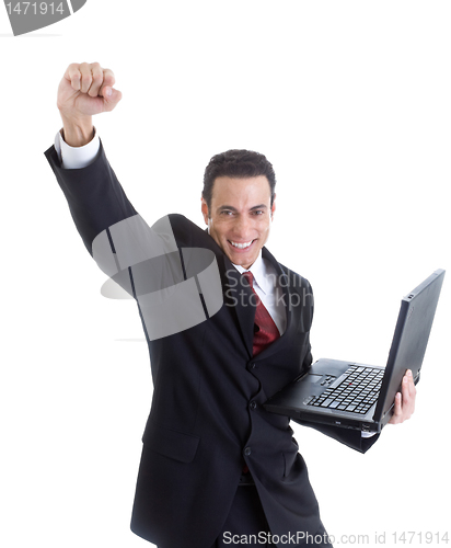 Image of Celebrating Caucasian Man Suit Holding Laptop Isolated White Bac