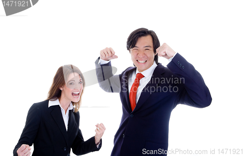 Image of Caucasian Woman Asian Man in Suits Cheering