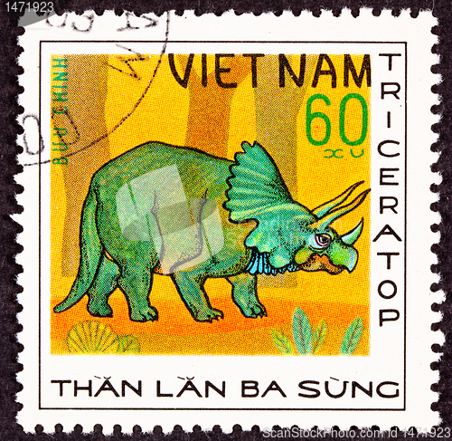 Image of Canceled Vietnamese Postage Stamp Green Triceratops Dinosaur in 