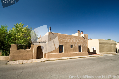Image of Adobe House Home Blue Sky Santa Fe, New Mexico