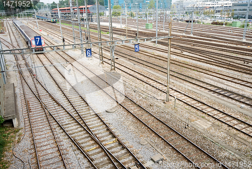 Image of Train Yard and Tracks Geneva Switzerland Wide Angle Lens