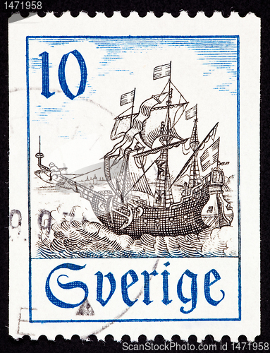 Image of Canceled Sweden Postage Stamp Old Swedish Sailing Ship Flag Ocea