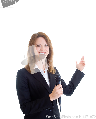 Image of Smiling Caucasian Woman Holding Wireless Microphone Gesturing Wh