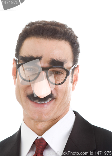 Image of Smiling Businessman Wearing Groucho Marx Glasses Isolated on Whi