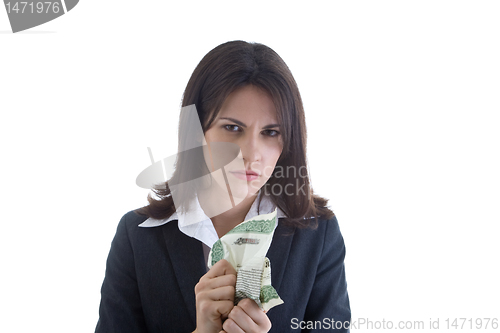 Image of Angry Caucasian Woman Crumpling Stock Certificate Isolated on Wh