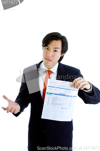 Image of Asian Man Suit Shrugging Gesturing, Holding Past Due Medical Bil