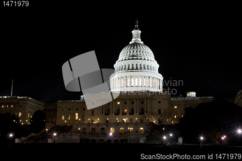 Image of US Capitol Building Dome Illuminated at Night, Washington DC