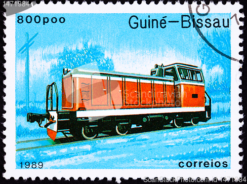 Image of Canceled Guinea-Bissau Train Postage Stamp Red Railroad Diesel E