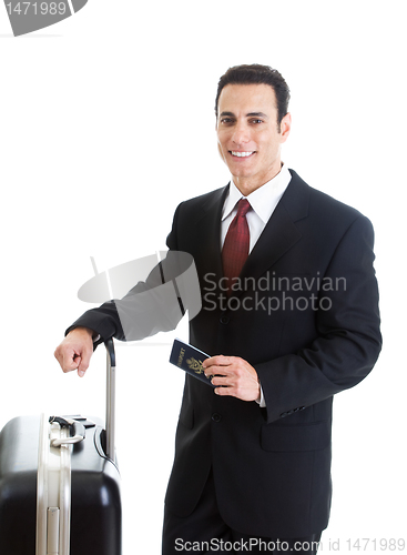 Image of Smiling Caucasian Man Traveling With Suitcase Passport Isolated 