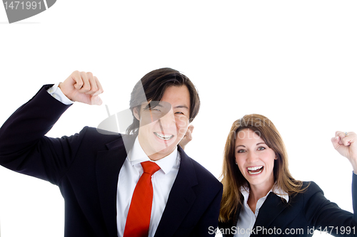 Image of Asian Business Man and White Woman Pumping Fists in Air
