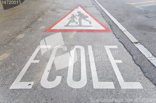 Image of School Zone Warning on Street, Geneva Switzerland, French, Ecole