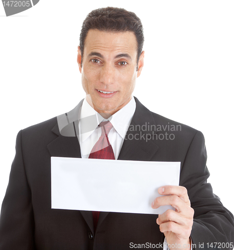Image of Surprised Caucasian Business Man Holding Blank Envelope, Isolate