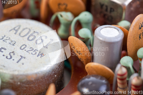 Image of Old Metal Plastic Transistors Inside Transistor Radio Macro Clos