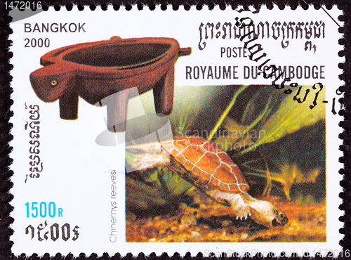 Image of Canceled Cambodian Postage Stamp Swimming Chinese Pond Turtle Ch