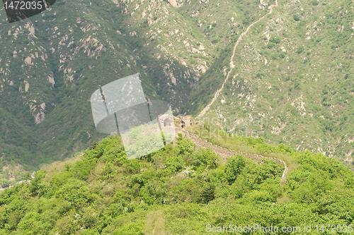 Image of Great Wall on Mountain Top Off Into Distance