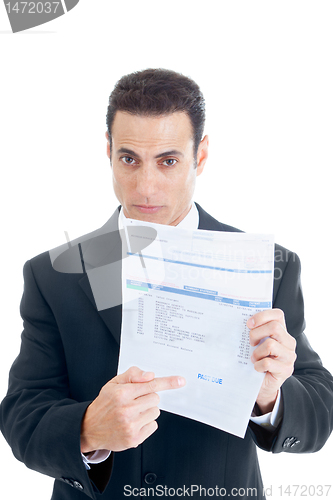 Image of Caucasian Man Pointing at Past Due Medical Bill, Suit, Isolated 