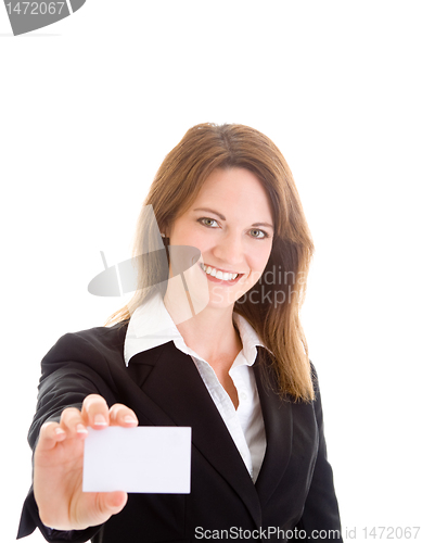 Image of Happy Caucasian Woman Holding Blank Business Card Isolated White