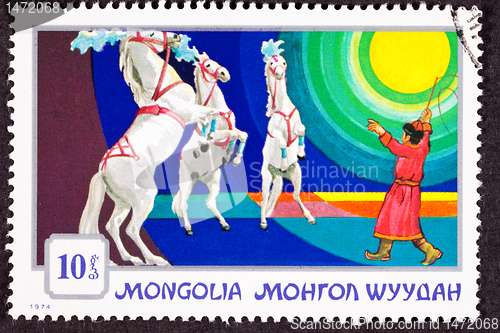 Image of Canceled Mongolian Postage Stamp Standing Rearing Horses Perform