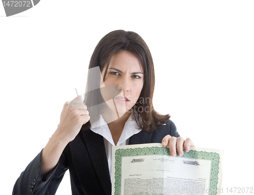 Image of Angry Caucasian Woman Holding Stock Certificate and Waving Fist