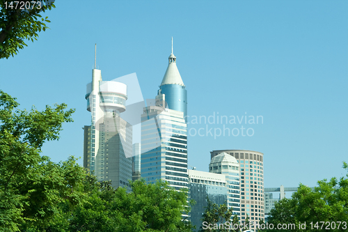 Image of Modern Office Buildings in Shanghai China Skyline Trees