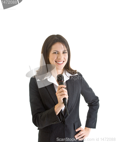 Image of Smiling Caucasian Business Woman Holding Wireless Microphone Whi