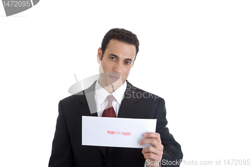 Image of Handsome Caucasian Man Holding Envelope Foreclosed Isolated on W