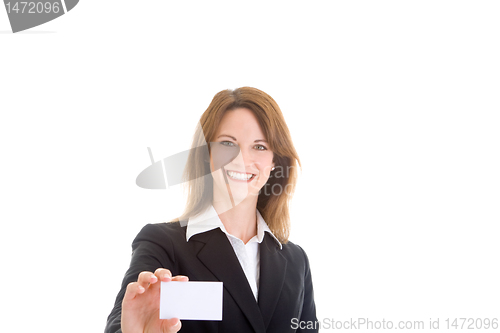 Image of Smiling Caucasian Woman Holding up Business Card White Backgroun