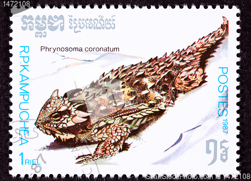 Image of Canceled Cambodian Postage Stamp Spiney Coast Horned Lizard, Phr