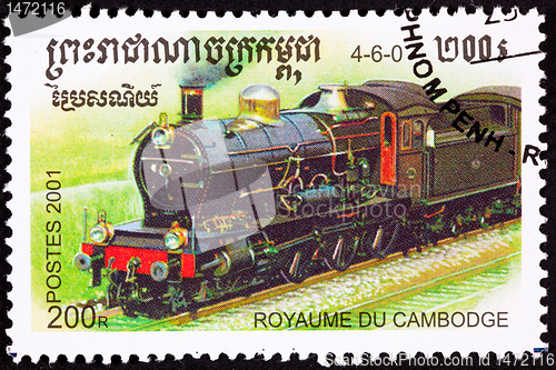 Image of Canceled Cambodian Train Postage Stamp Old Railroad Steam Engine
