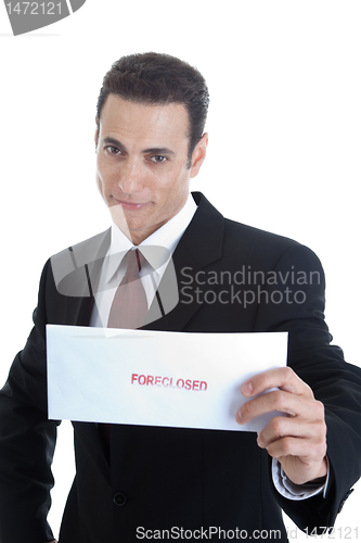 Image of Handsome Caucasian Man Holding Envelope Foreclosed Isolated on W