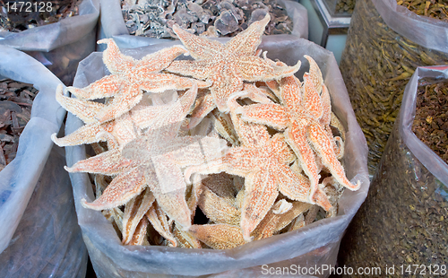 Image of Bag of Dried Starfish in a Food Market, Guangzhou, China