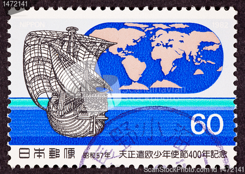 Image of Stamp TenshÅ Embassy 1582 Sailing Ship World Map