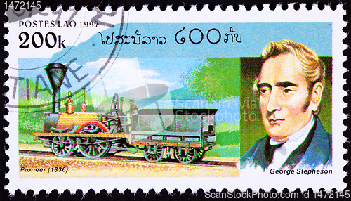 Image of Canceled Laos Postage Stamp Railroad Steam Locomotive George Ste