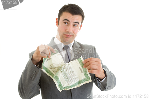 Image of Angry Caucasian Hispanic Man Tearing Stock Certificate Isolated